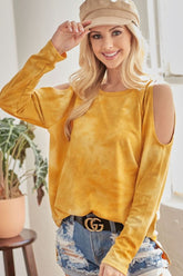 BiBi Tie-Dye French Terry Round Neck Cold Shoulder T-Shirt OutfitFlow
